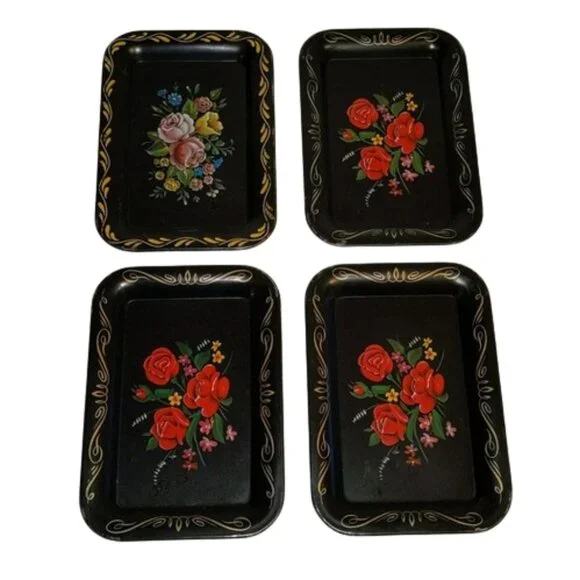 Floral  Pattern Metal Tip Trinket Tray Set of 4 - Picture 13 of 13